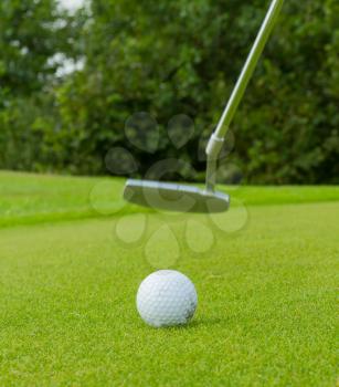 Golf ball on front of a driver at driving range