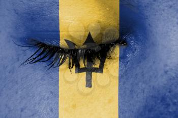 Crying woman, pain and grief concept, flag of Barbados