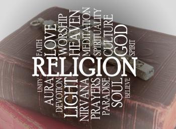 Religion word cloud with a religious background