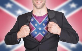 Businessman opening suit to reveal shirt with flag, confederacy