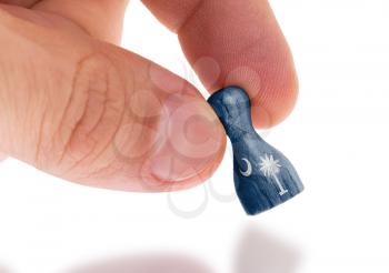 Hand holding wooden pawn with a flag painting, selective focus, South Carolina