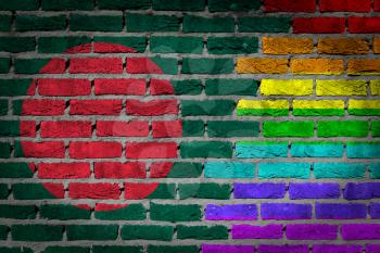 Dark brick wall texture - coutry flag and rainbow flag painted on wall - Bangladesh