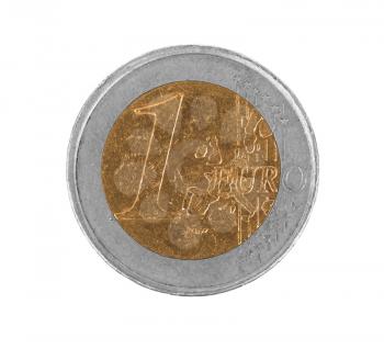 Euro coin, 1 euro, isolated on white, fake coin (gold and silver on wrong place)