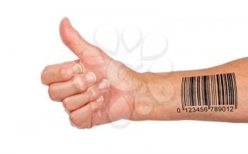 Old woman with arthritis giving the thumbs up sign, isolated on white, barcode