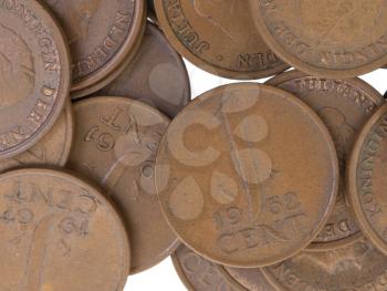 Old dutch cent coins, isolated on white, selective focus