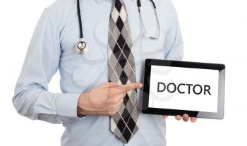 Doctor, isolated on white backgroun,  holding digital tablet - Doctor