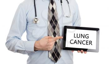 Doctor, isolated on white backgroun,  holding digital tablet - Lung cancer