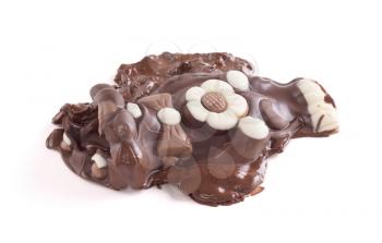Melted chocolate easter bunny isolated on white