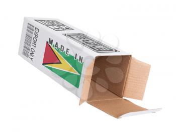 Concept of export, opened paper box - Product of Guyana
