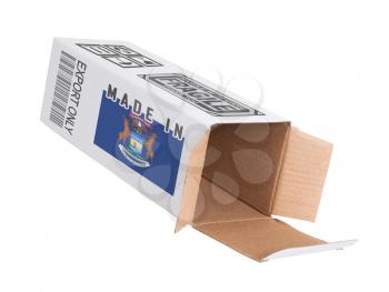Concept of export, opened paper box - Product of Michigan