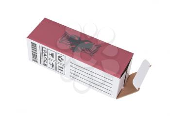 Concept of export, opened paper box - Product of Albania