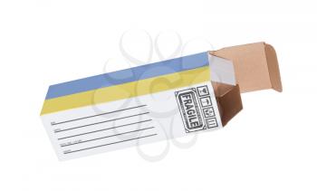 Concept of export, opened paper box - Product of Ukraine