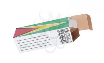 Concept of export, opened paper box - Product of Guyana