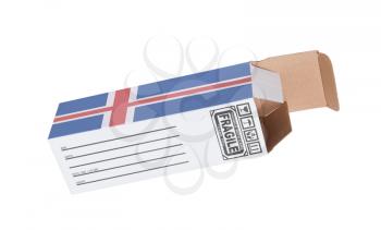 Concept of export, opened paper box - Product of Iceland