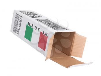 Concept of export, opened paper box - Product of Italy