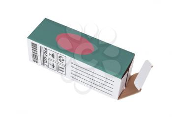 Concept of export, opened paper box - Product of Bangladesh