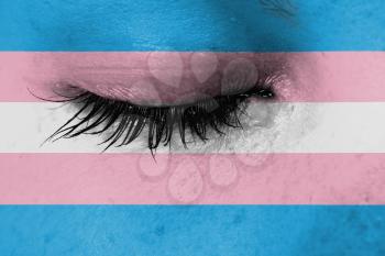 Women eye, close-up, tear, flag of Trans Pride