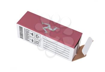 Concept of export, opened paper box - Product of Isle of Man