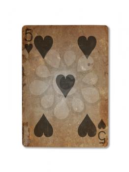 Very old playing card isolated on a white background, five of hearts