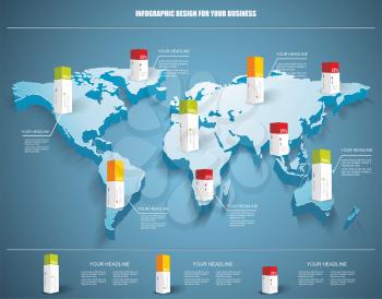 3d vector world map illustration with modern elements of info graphics.