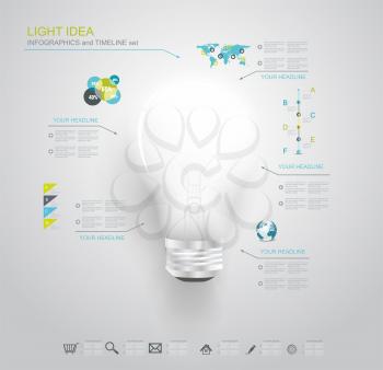 Creative light bulb with application icons. Modern infographic template. Business software. Social media concept.
