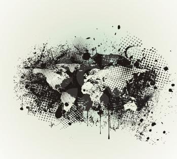 Grunge Political World Map with Ink Blots Brush Texture on White Background.
