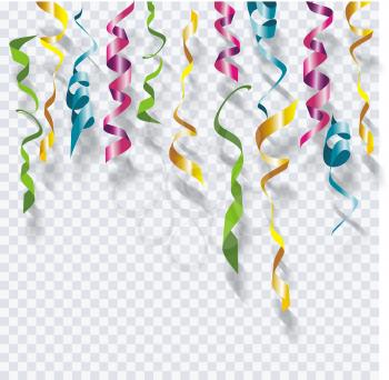 Holidays decoration with bright serpentine on transparent.  Party background, vector.