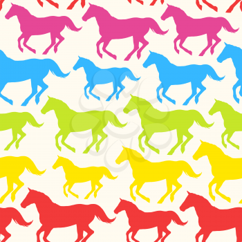 Seamless pattern with hand drawn silhouette rainbow horses.
