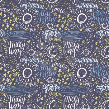 Space astronomy cute cartoon hand drawn seamless pattern. Decorative hand lettering. Vector illustration