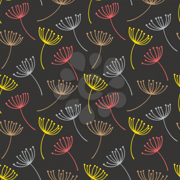 Hand drawn pattern with decorative dandelion seeds. Stylized colorful branches. Summer spring background, nature collection. Vector illustration