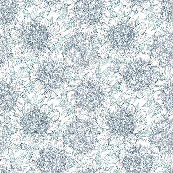 Seamless pattern with peony flowers hand drawn in lines. Graphic doodle sketch floral background. Vector illustration