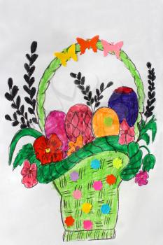 Children's drawing with eggs of different colors for Easter