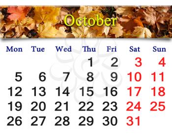 calendar for October of 2015 with the ribbon of yellow leaves