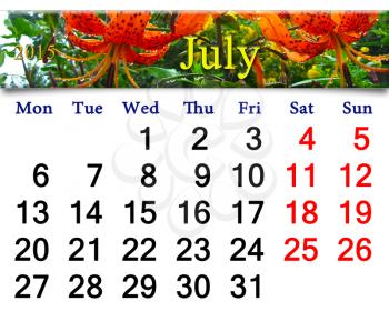 calendar for the July of 2015 on the background of beautiful red lilies