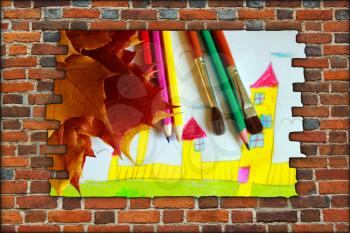 broken brick wall and view children's drawing of house and autumn leaves