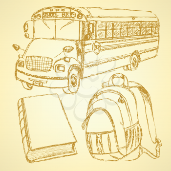 Sketch backpack, book and school bus, set