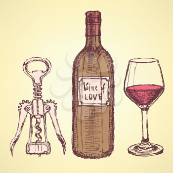 Sketch wine set in vintage style, vector