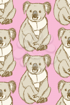 Sketch cute koala in vintage style, vector seamless pattern
