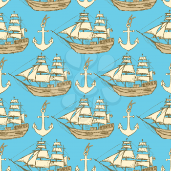 Sketch anchor and ship in vintage style, vector