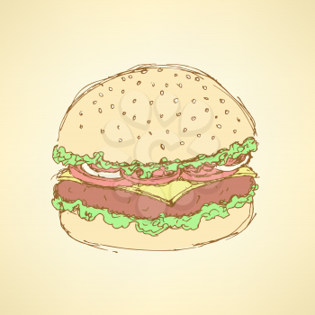 Sketch tasty hamburger in vintage style, vector