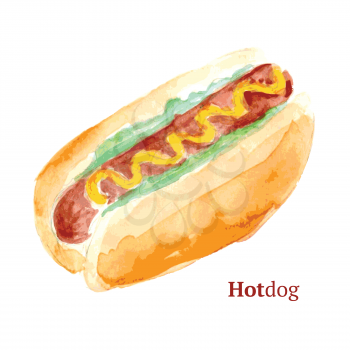 Watercolor tasty hotdog in vintage style, vector

