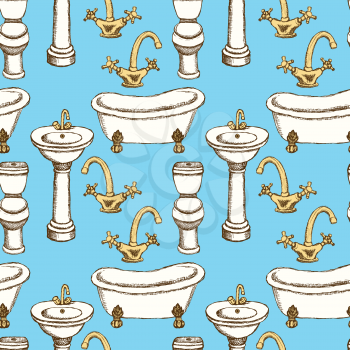 Sketch bathroom equipment in vintage style, vector seamless pattern