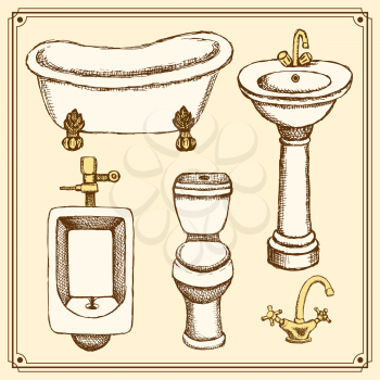 Sketch bathroom and toilet equipment in vintage style, vector