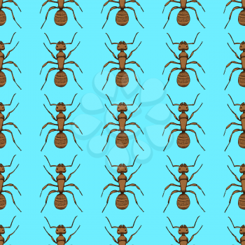 Sketch cute ant in vintage style, vector seamless pattern