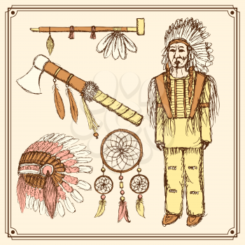 Sketch native american set in vintage style, vector