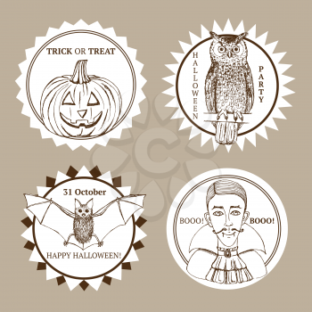 Sketch Halloween label in vintage style, vector set. Owl, vampire, bat and pumpkin.
