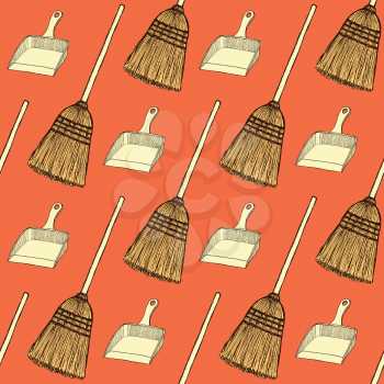 Sketch broom and dust pan in vintage style, vector seamless pattern