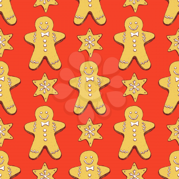 Sketch ginger bread cookies in vintage style, vector seamless pattern