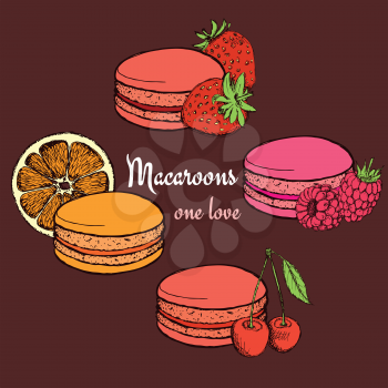 Set of macaroons with fruits in vintage style, vector