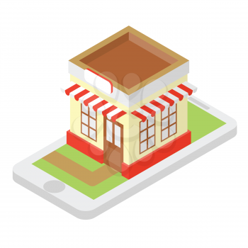 Shop isometric illustration with cell phone and shop on the screen